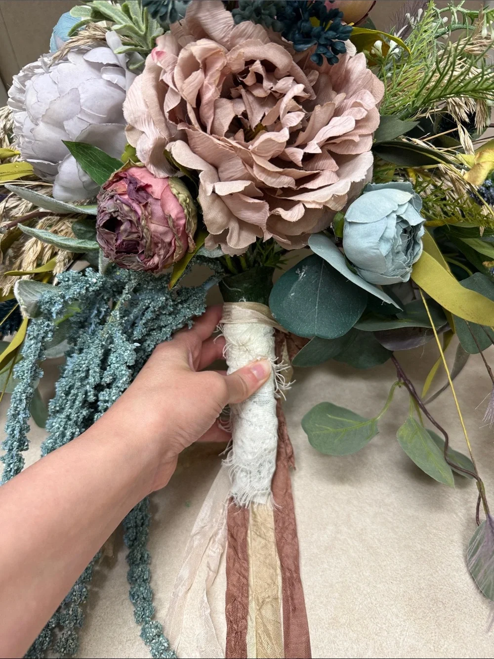 Handcrafted Mixed Floral Bouquet in Dusty Blue, Mauve & Sage -